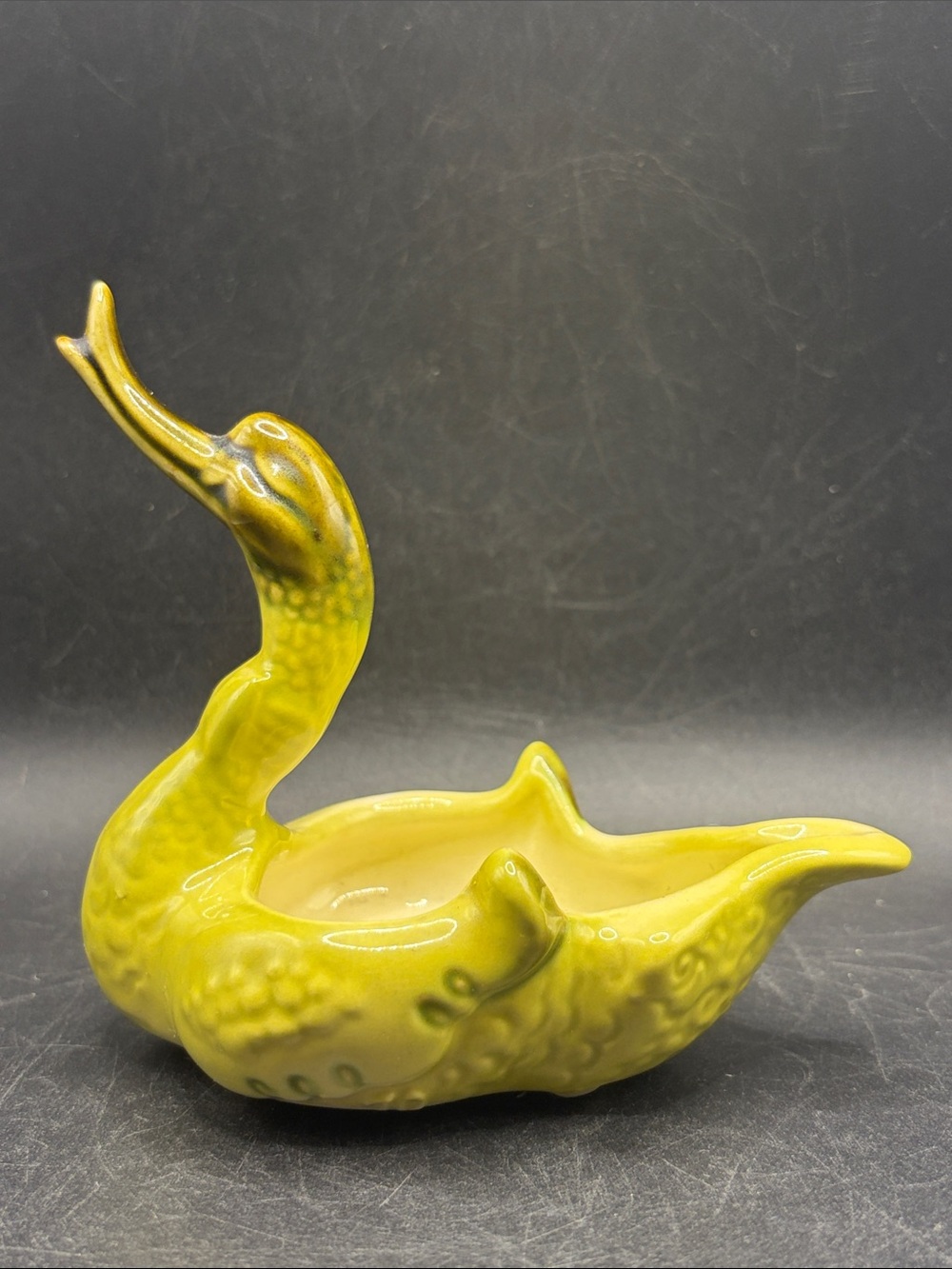Vintage MCM Chartreuse Goose Swan Pottery Trinket Dish Bird Keepsake Dish